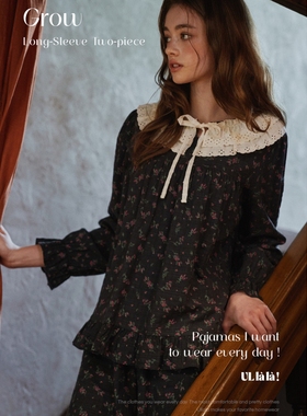 ULLALA韩国睡衣女2025秋季甜美蕾丝边碎花圆领长袖睡裙家居服套装