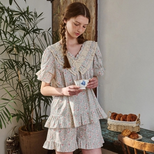 ULLALA韩国乌拉拉睡衣女2026夏纯棉甜美蕾丝边碎花V领短袖家居服