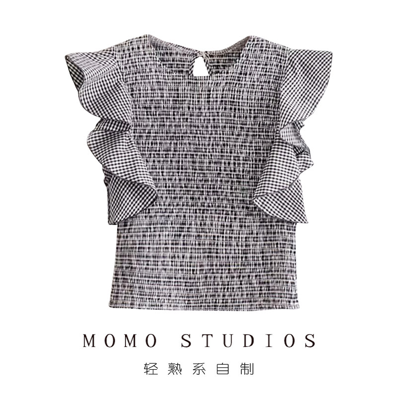 衬衫女2019夏季短款韩版格子洋气修身复古宽松荷叶袖百搭无袖上衣在类目 女装/女士精品, 衬衫中 - 来自Buy2taobao.com提供专业的淘宝代购服务