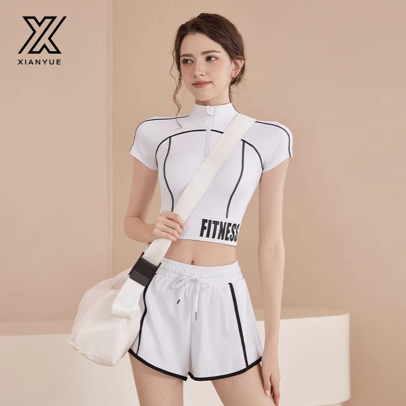瑜伽服女套装2025新款春夏季运动上衣T恤跑步健身服半拉链短袖