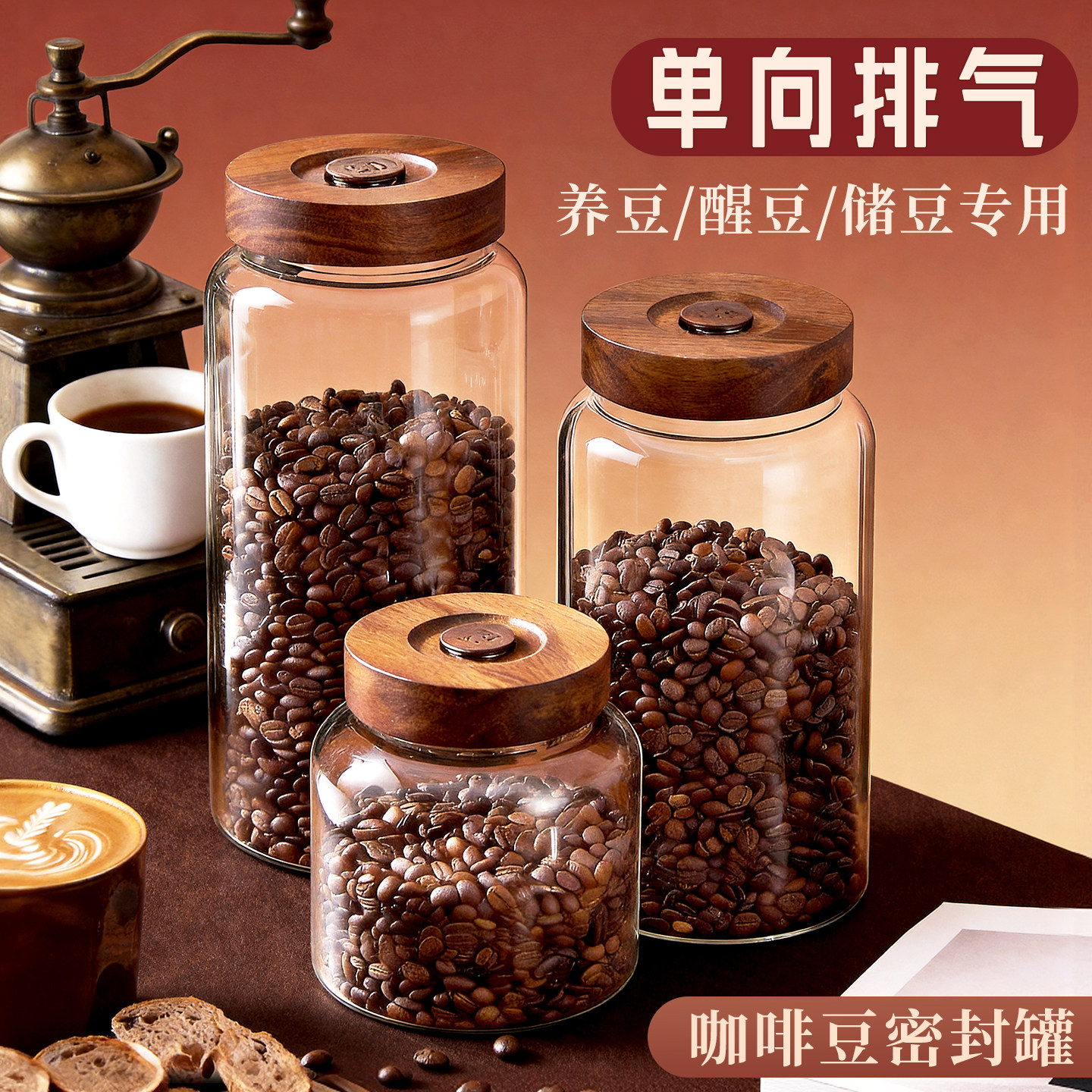 咖啡豆密封罐专用玻璃单向阀储存罐咖啡粉保存收纳罐容器单项排气