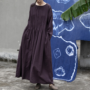 春夏款山千念壹原创森系女装棉麻复古风手工风琴褶袍子宽松连衣裙