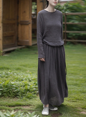 壹念春秋复古文艺旅行风大摆长裙苎麻棉气质系带抬腰连衣