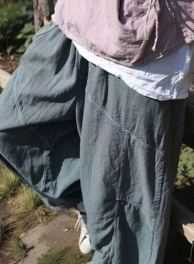 山千念壹春秋质感挺阔宽松阔腿裤文艺复古水洗棉麻做旧九分休闲裤