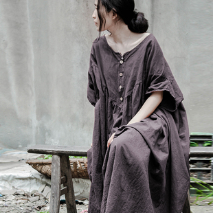 连衣裙袍子长袍 短袖 山千念壹原创胖MM棉麻女装 复古文艺超宽松大码