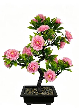 仿真山茶花盆栽粉色室内装饰摆件家居客厅桌面绿植假花