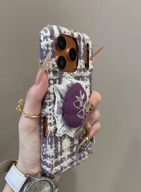 ins毛绒蕾丝紫色刺绣花适用iPhone17promax手机壳15新款17pro网红女款13创意全包防摔16pro超好看17保护套