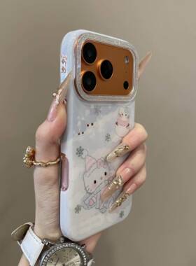 可爱镭射雪花鎏金KT猫适用iPhone17promax手机壳15新款17pro网红女款13创意全包防摔16pro超好看17保护套