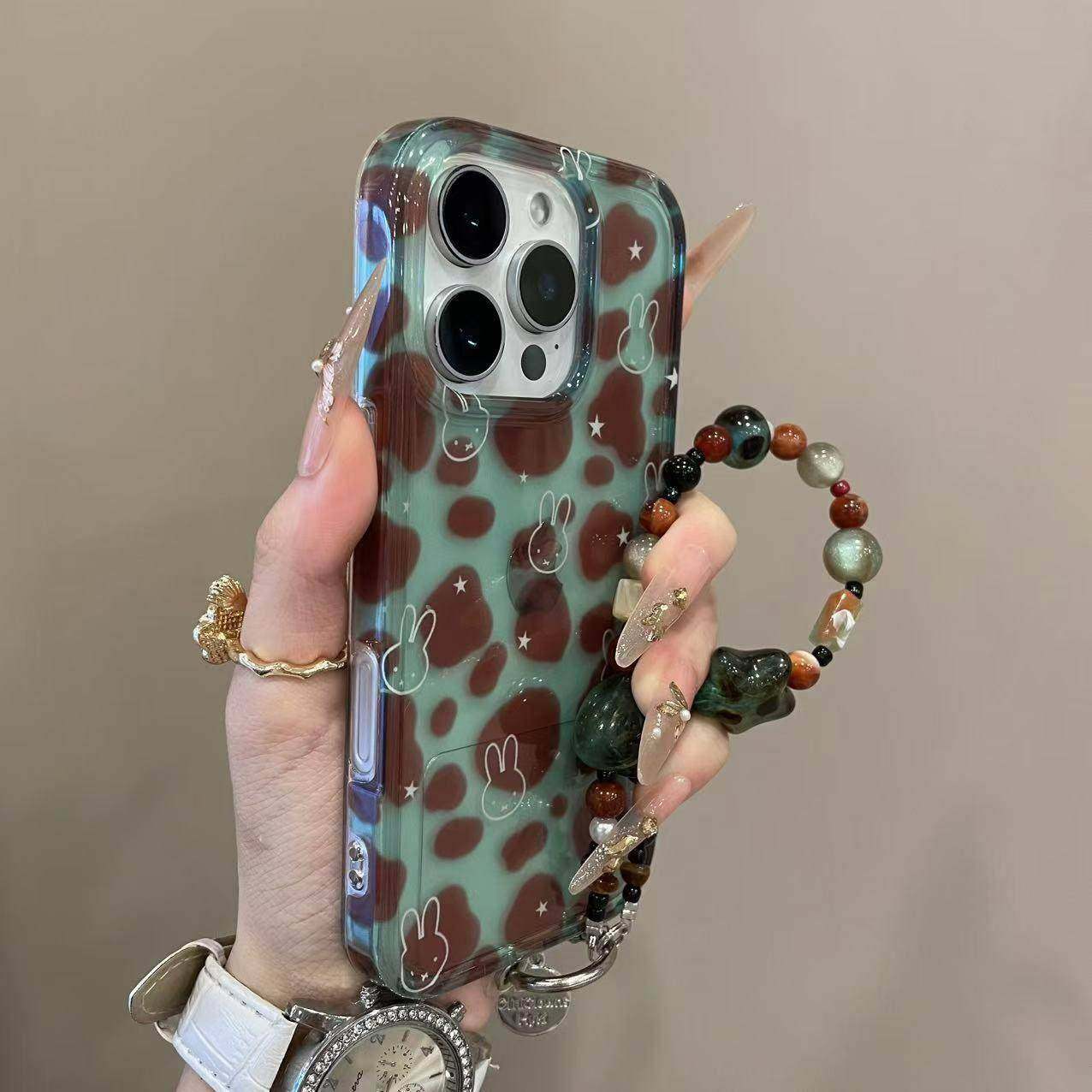 可爱透绿棕豹纹线条米菲兔适用iPhone17promax手机壳15新款17pro网红女款13创意全包防摔16pro超好看17保护套