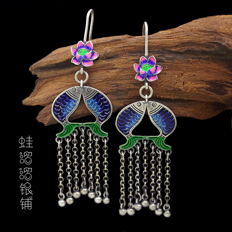 S925纯银双鱼莲花流苏耳环