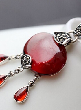 纯银石榴石水滴流苏复古做旧吊坠