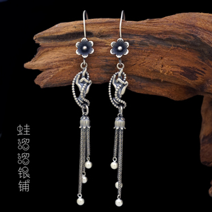 S925纯银兰花指手捻佛珠耳环铃兰花流苏耳坠中国风小花佛手耳钩