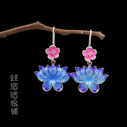 S925纯银蓝莲花耳环复古做旧民族风景泰蓝枫叶粉色小花少女耳坠