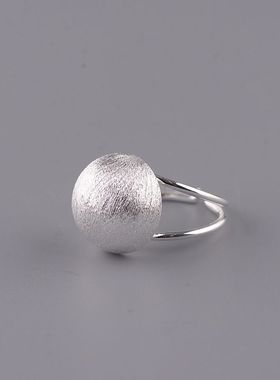 S925纯银素银圆珠女款时尚拉丝银戒指半球面文艺开口气质清新指环