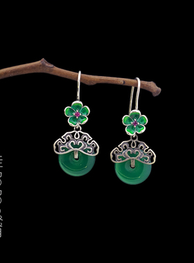 S925纯银小花福在眼前绿色平安扣耳环玛瑙复古祥云民族风玉髓耳饰