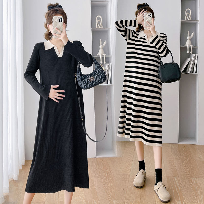 JINGQI MATERNITY AUTUMN CLOTHES 2023 NEW FASHION LAPEL DRESS LOOSE PLUS SIZE TEMPERAMENT PREGNANT WOMEN LITTLE BLACK SKIRT