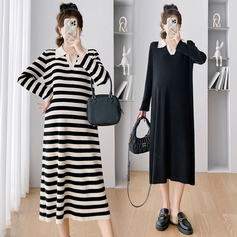 JINGQI MATERNITY AUTUMN CLOTHES 2023 NEW FASHION LAPEL DRESS LOOSE PLUS SIZE TEMPERAMENT PREGNANT WOMEN LITTLE BLACK SKIRT