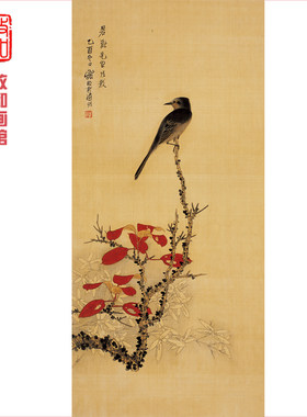 现当代名家字画装饰画谢稚柳红叶立禽图工笔画花鸟画家居装修挂画