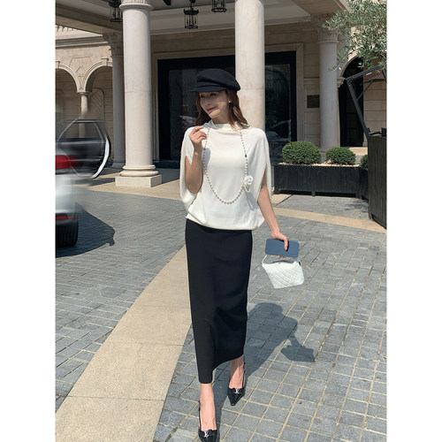 Rian trea雨婷 高级感黑色高腰半身裙垂感显瘦直筒中长裙气质女