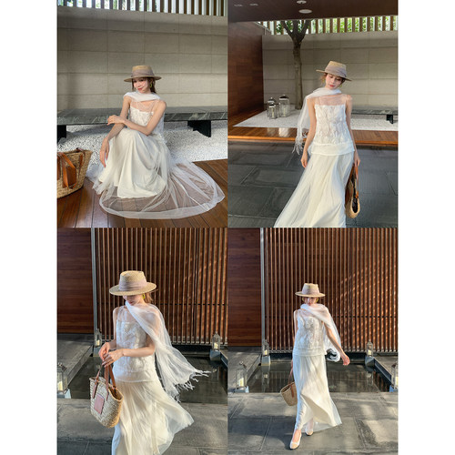 Rian trea雨婷 立体玫瑰网纱套装夏气质温柔风无袖上衣长裙两件套
