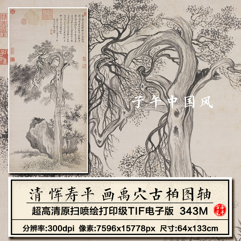 恽寿平画禹穴古柏图轴清朝古代水墨古树绘画高清电子版大图片素材