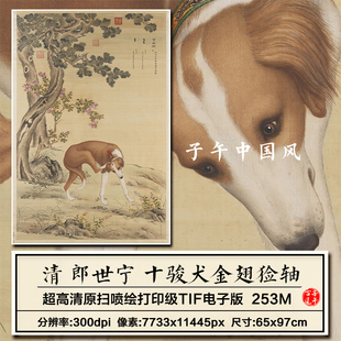 郎世宁十骏犬之金翅猃图清朝古代工笔名狗装饰画高清电子图片素材