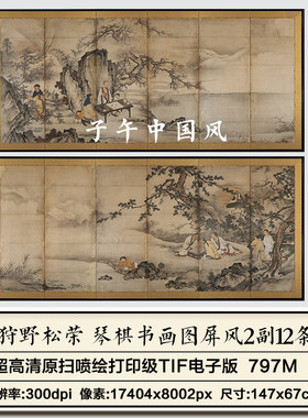 日本狩野松栄琴棋书画图屏风2副条屏装饰临摹 高清电子版图片素材