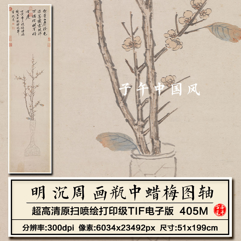 沉周画瓶中蜡梅轴明朝古代禅意梅花瓶装饰打印高清电子版图片素材