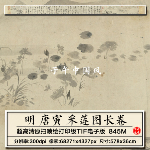 唐寅采莲图卷明朝古代唐伯虎水墨山水画装饰打印高清电子图片素材