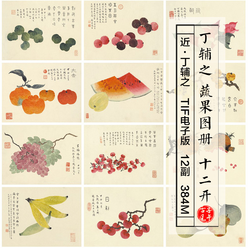 丁辅之蔬果图册十二副近现代蔬菜花果工笔绘画高清电子版图片素材