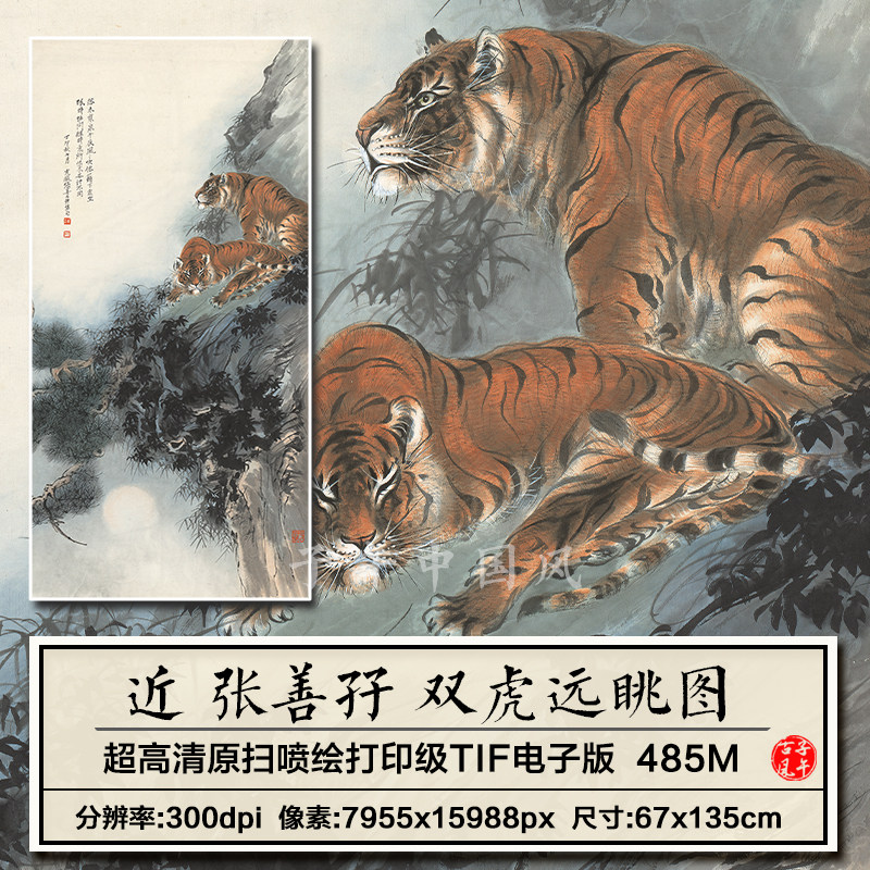 张善孖双虎远眺图猛虎下山装饰画打印参考临摹高清电子版图片素材