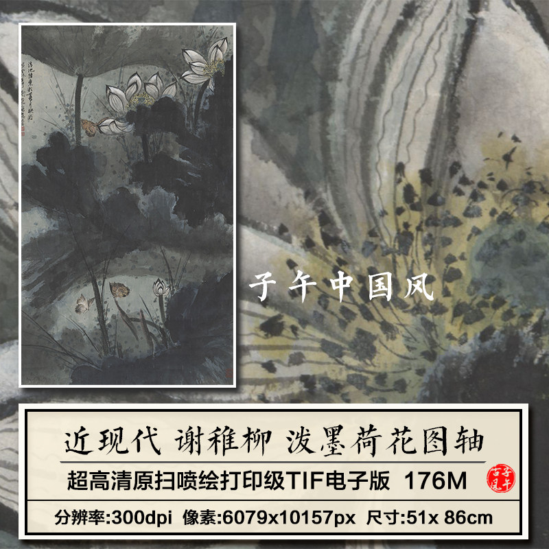 谢稚柳泼墨荷花图水墨国画装饰画微喷打印临摹高清电子版图片素材
