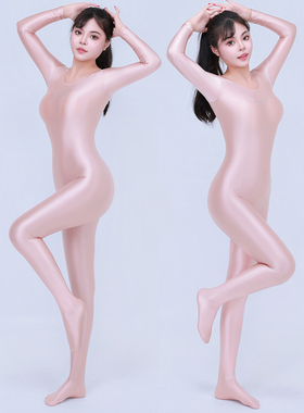 新款性感长袖油亮光泽丝滑连脚连体泳衣弹力紧身塑身健美连体衣