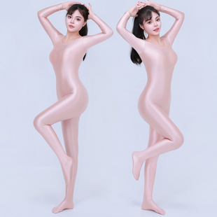 新款 油亮光泽丝滑连脚连体泳衣弹力紧身塑身健美连体衣 性感长袖