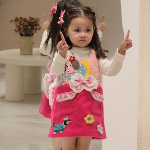 粗腿原创多巴胺小狗女童连衣裙秋冬新款背心裙可爱卡通休闲毛呢款