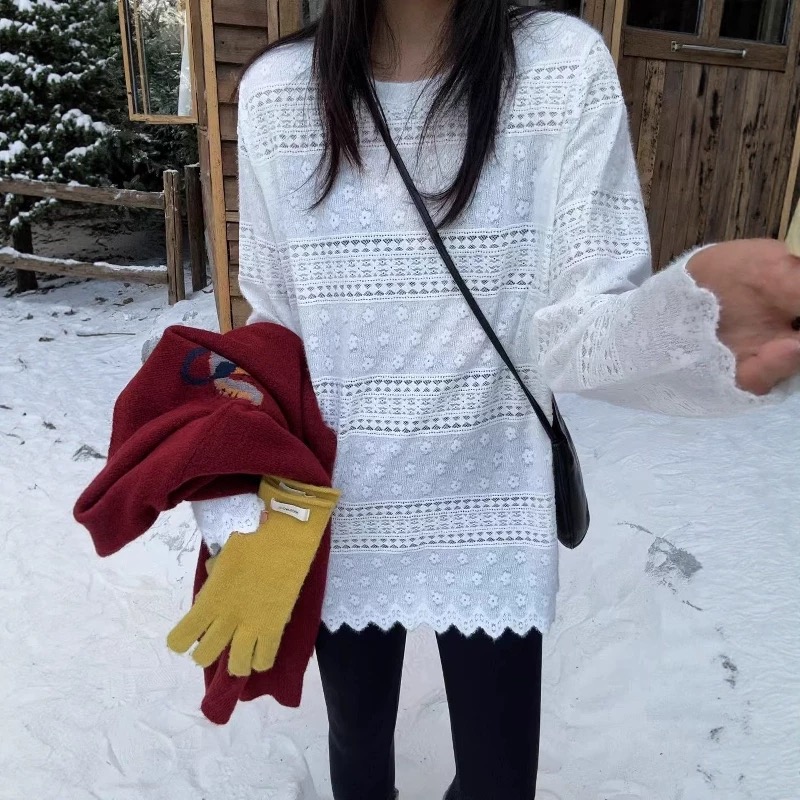 韩系镂空钩花蕾丝长袖T恤女