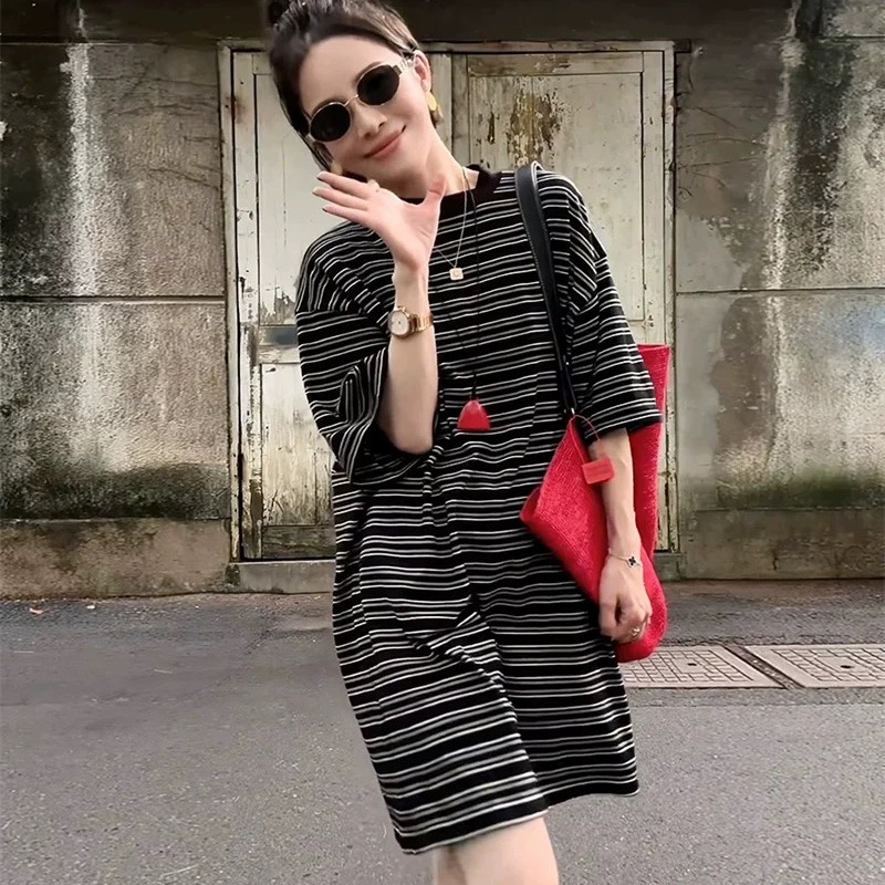撞色条纹休闲宽松短袖T恤女2025夏季新款韩版圆领大板中长款上衣