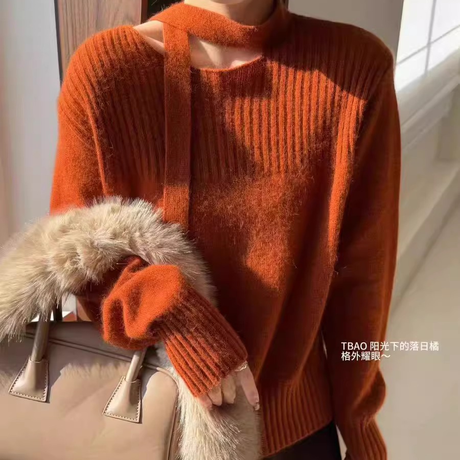 法式温柔风挂脖飘带羊毛针织衫