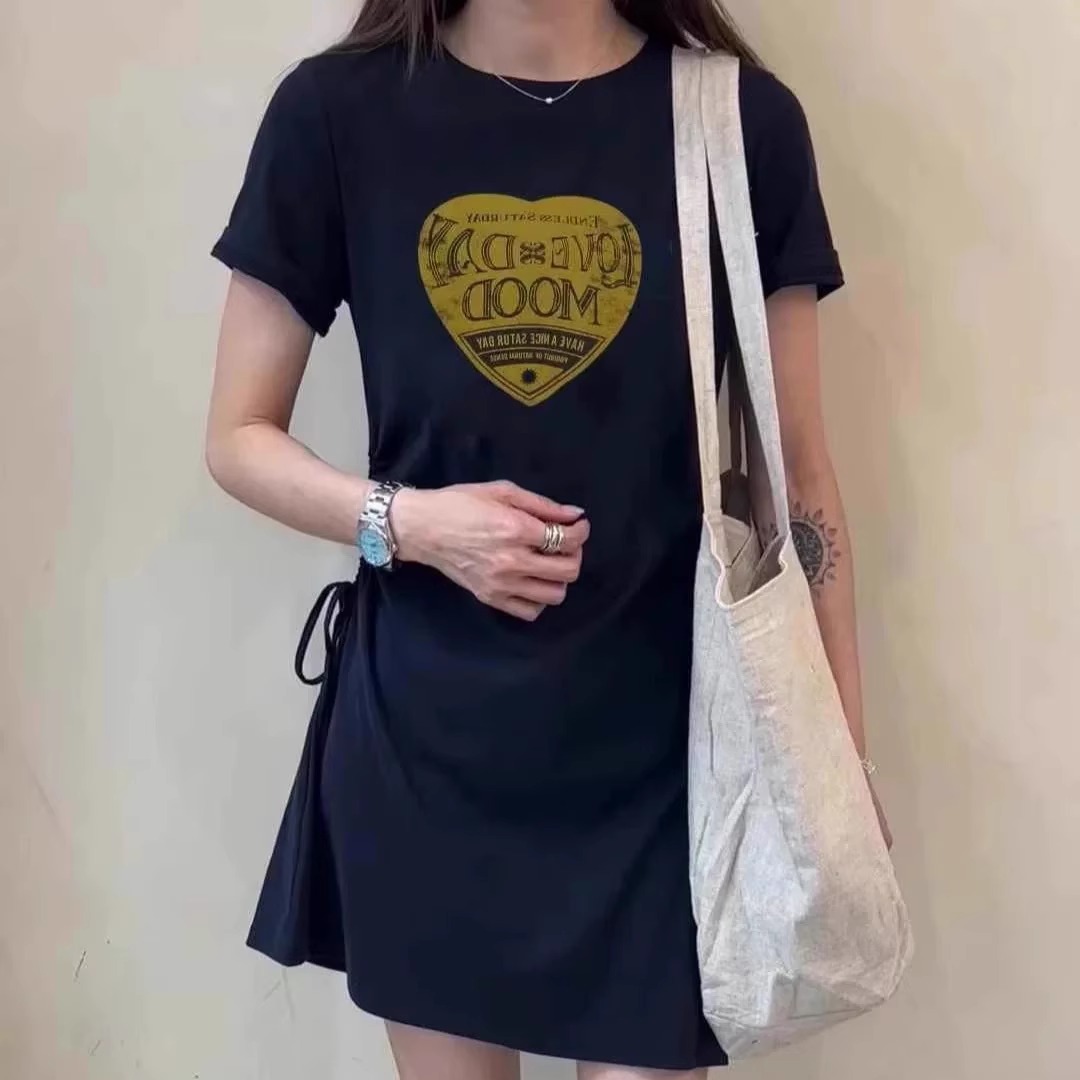 2025夏季新款韩版字母爱心印花短袖连衣裙女收腰抽绳显瘦T恤裙子