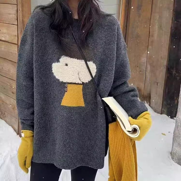 韩系圆领纽扣小狗提花套头毛衣