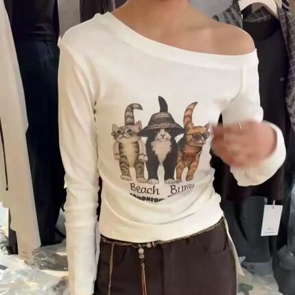 美式复古斜肩长袖T恤女2026早秋新款猫咪印花修身显瘦辣妹风上衣