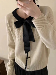 浣熊绒毛衣女法式系带圆领软糯提花开衫女2023秋冬新款气质打底衫