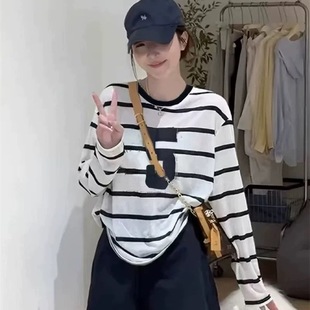 女上衣潮 数字5图案雪花棉条纹长袖 T恤打底衫 女2025早秋新款 防晒衫