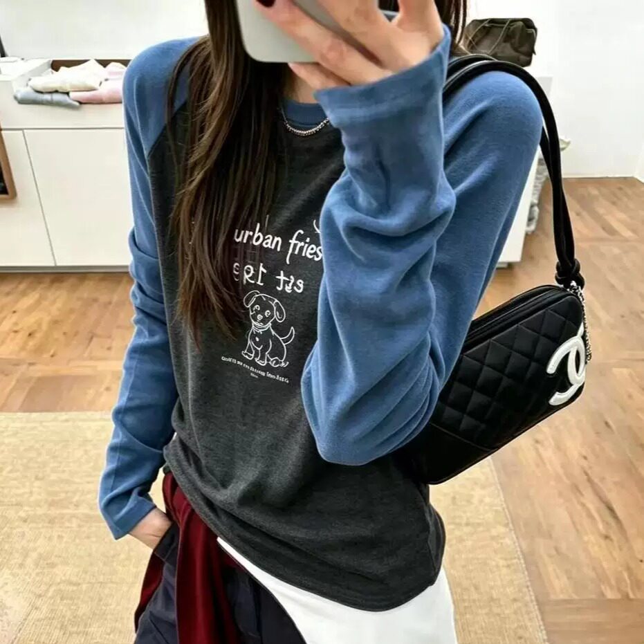 秋冬韩系插肩小狗印花显瘦女T恤