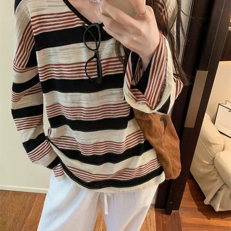 韩版宽松休闲慵懒风撞色条纹长袖T恤女2025百搭洋气薄款防晒上衣