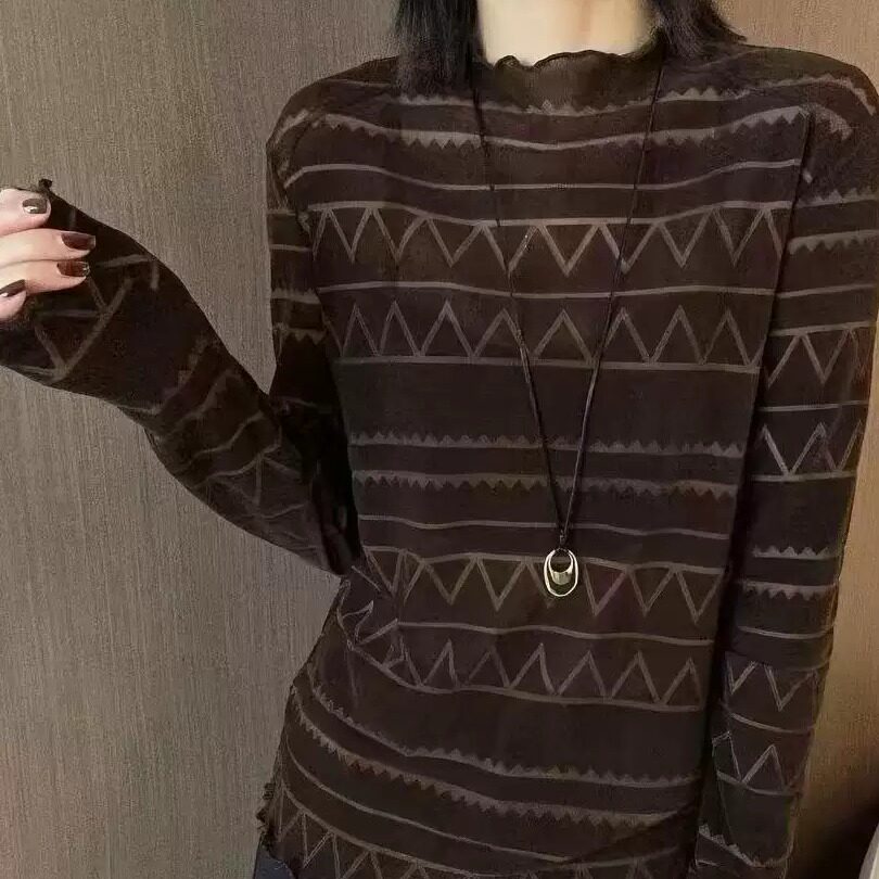 秋季丝绒复古几何印花长袖T恤女