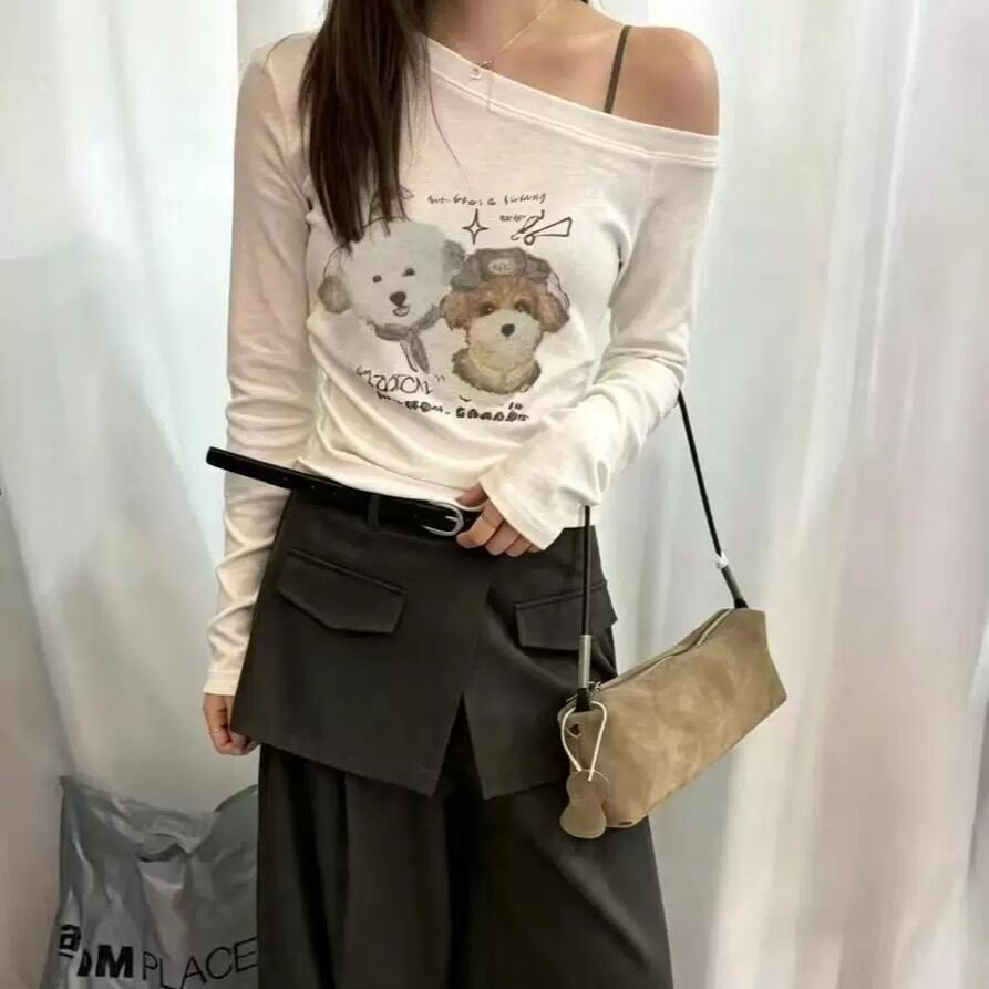 美式复古小狗印花长袖T恤女显瘦