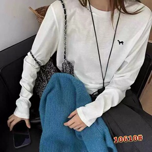 刺绣图案圆领长袖T恤女2026早春新款洋气百搭纯棉打底衫显瘦上衣