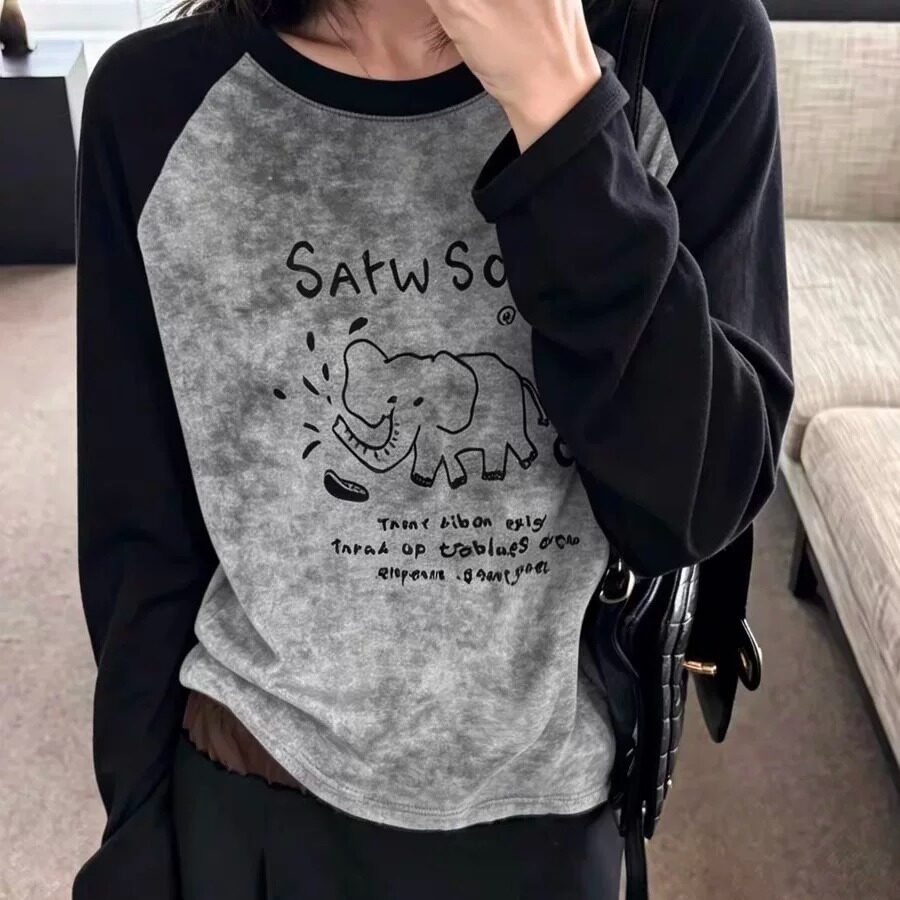 秋季韩版卡通大象插肩袖女T恤