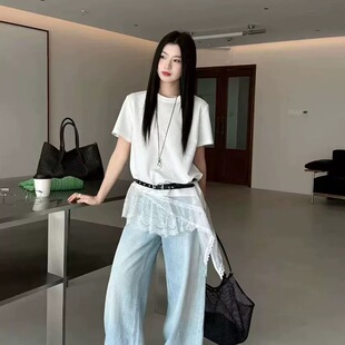 时尚 2026春季 新款 韩版 拼接蕾丝下摆T恤女高级感气质上衣潮ins 短袖